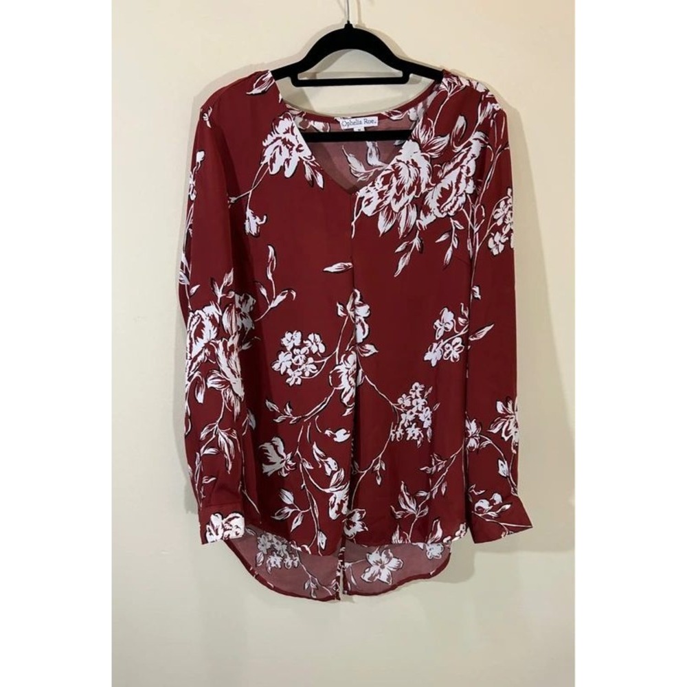 Ophelia Roe Floral V-Neck Blouse Medium Burgundy Red